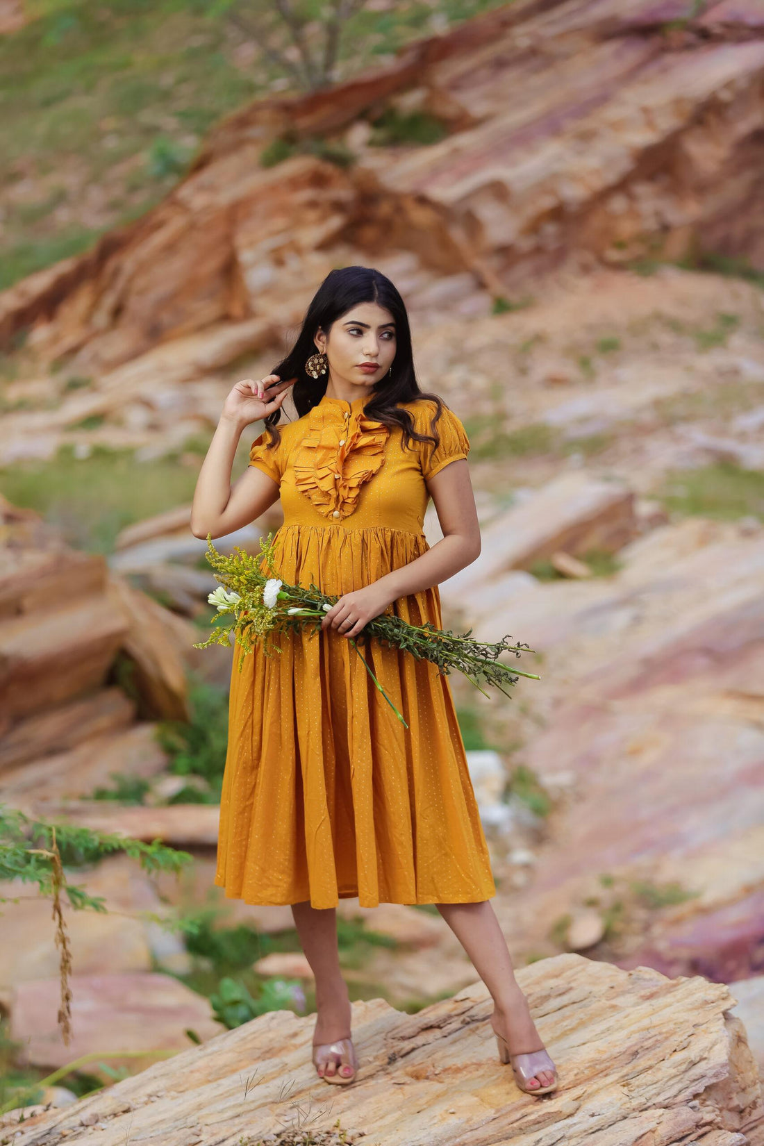 MUSTARD FRILL NECK DRESS