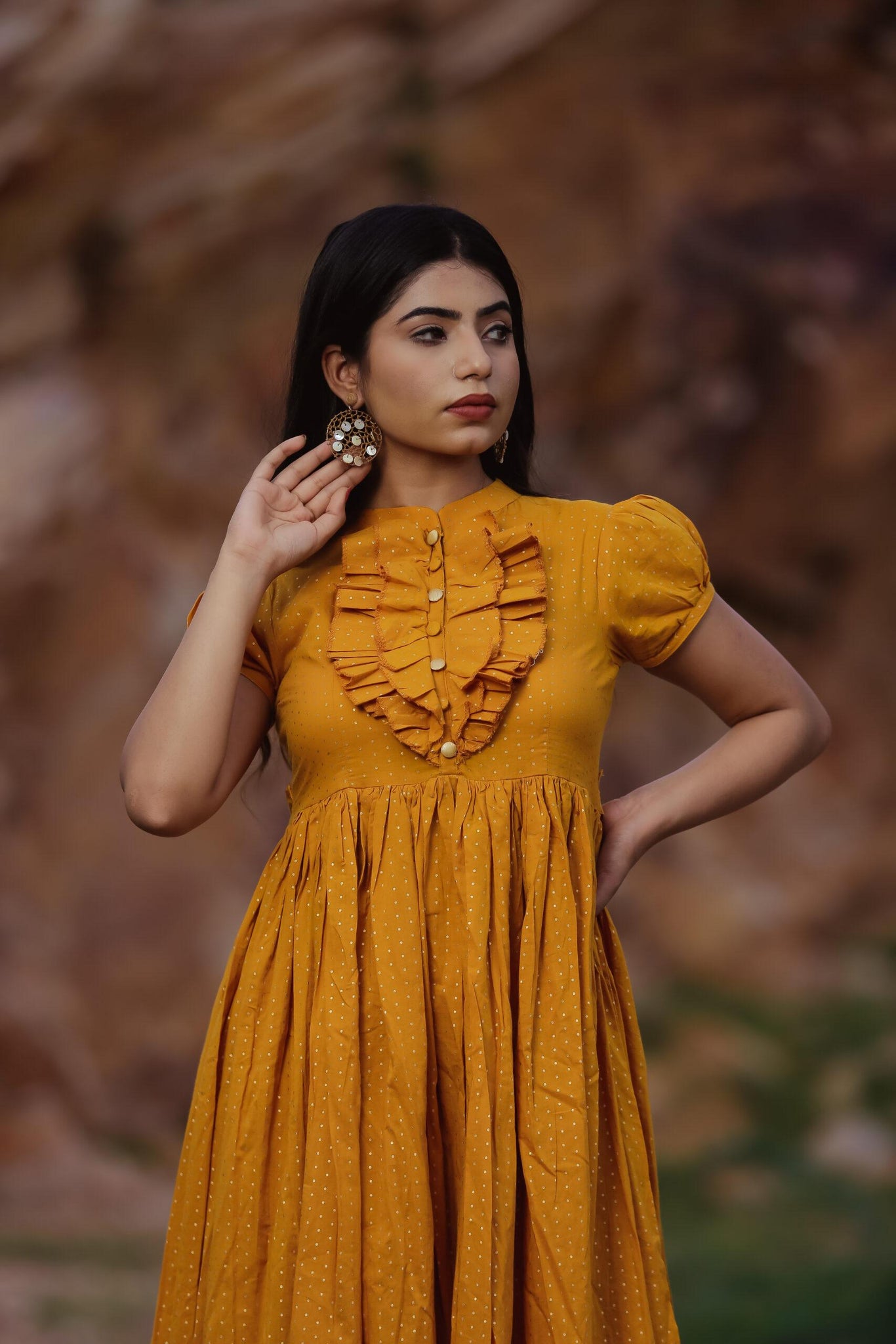 MUSTARD FRILL NECK DRESS