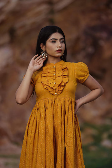 MUSTARD FRILL NECK DRESS