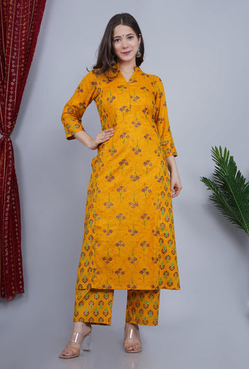 MUSTARD PRINTED A-LINE RAYON SET OF TWO