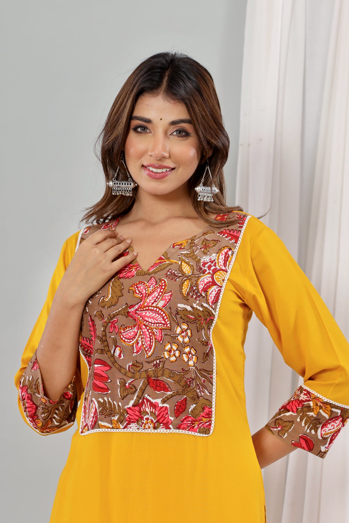Mustard Rayon Kurta With Floral Yoke Set Of Two