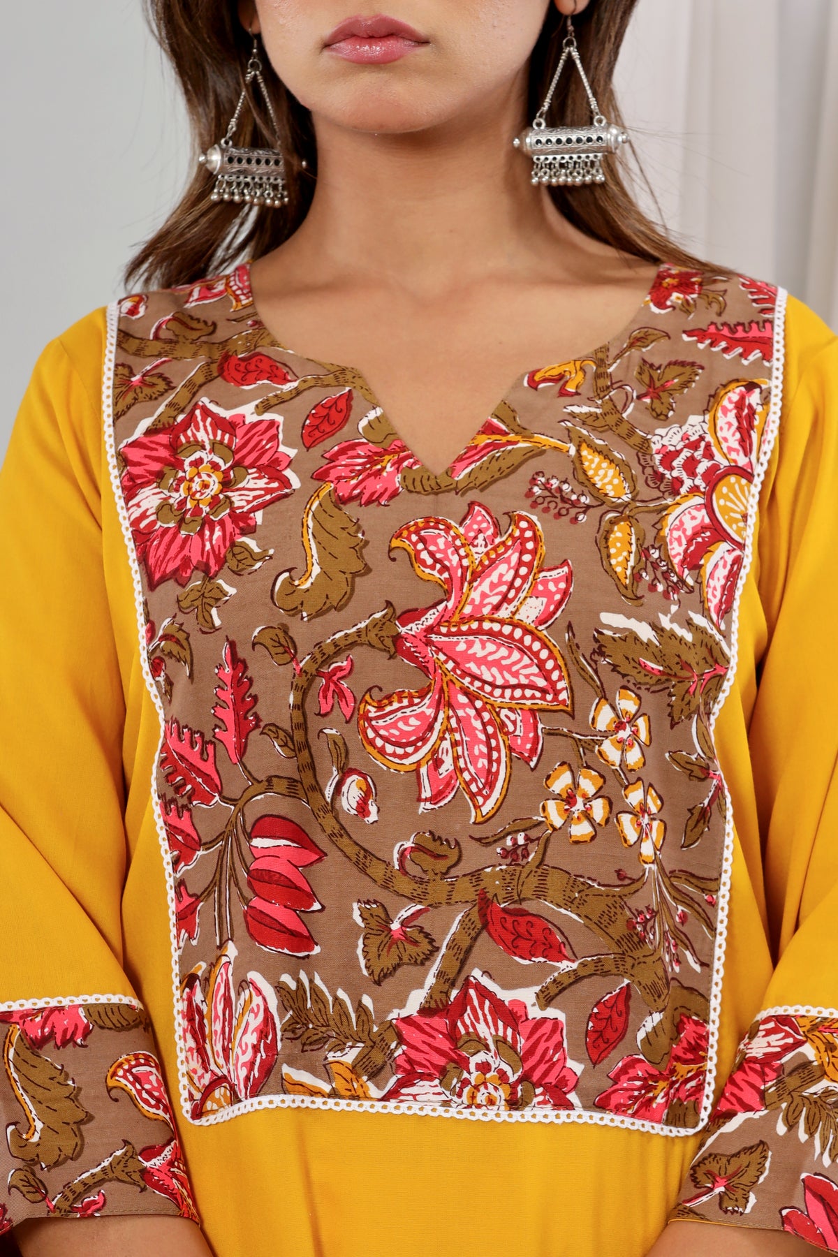 Mustard Rayon Kurta With Floral Yoke Set Of Two