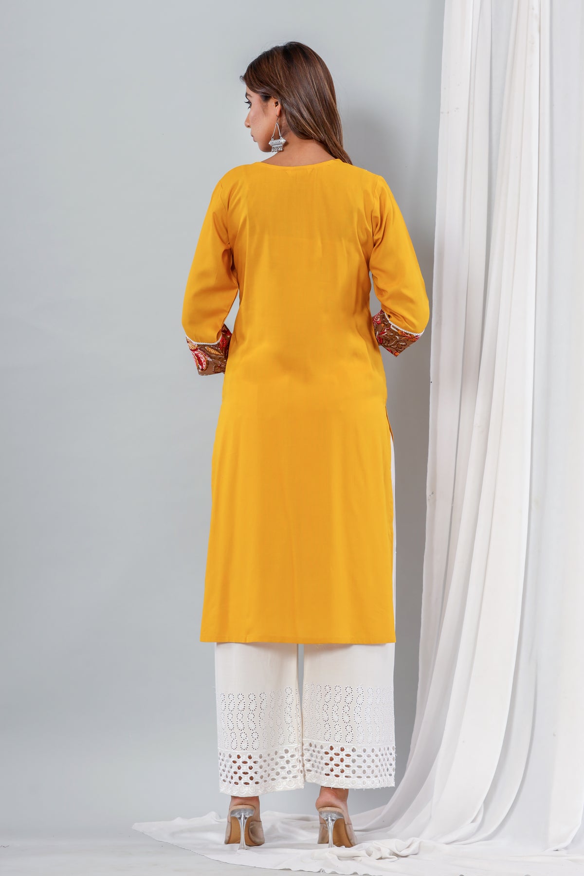 Mustard Rayon Kurta With Floral Yoke Set Of Two