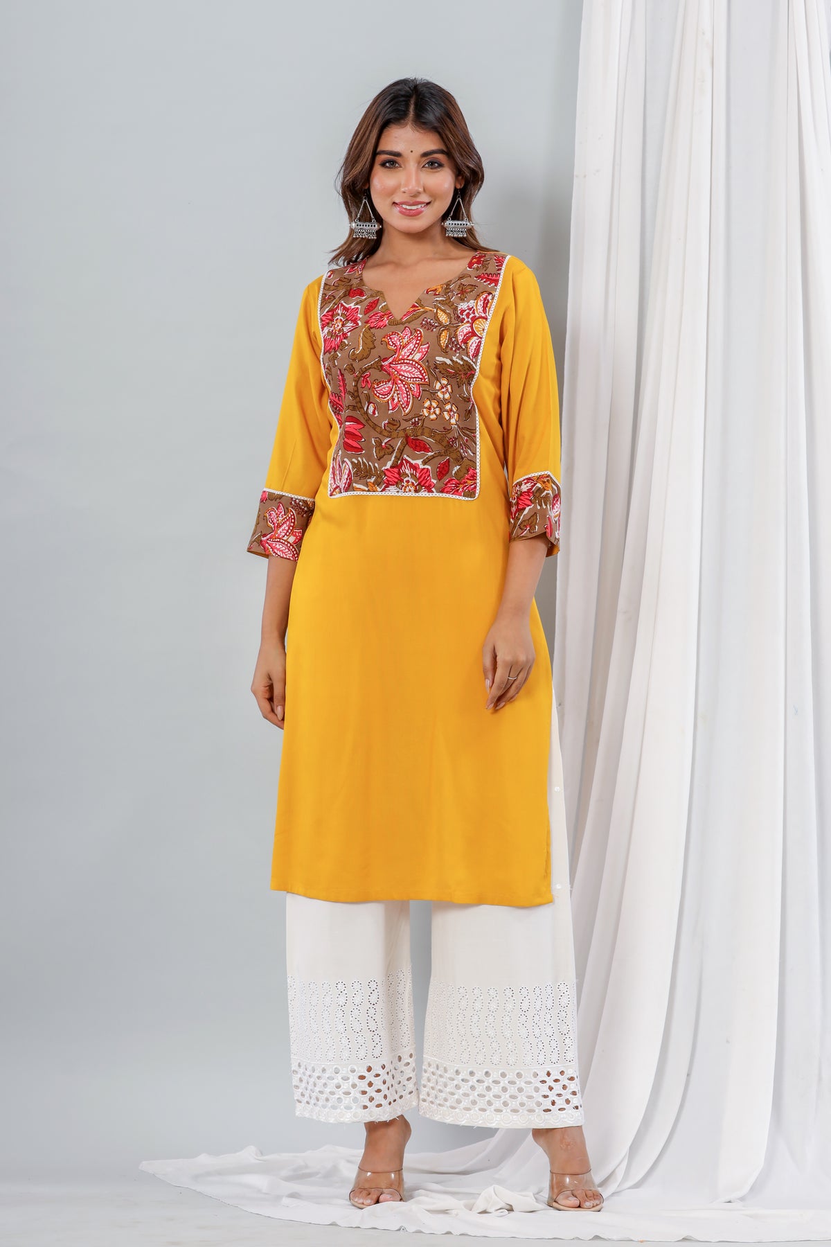 Mustard Rayon Kurta With Floral Yoke Set Of Two