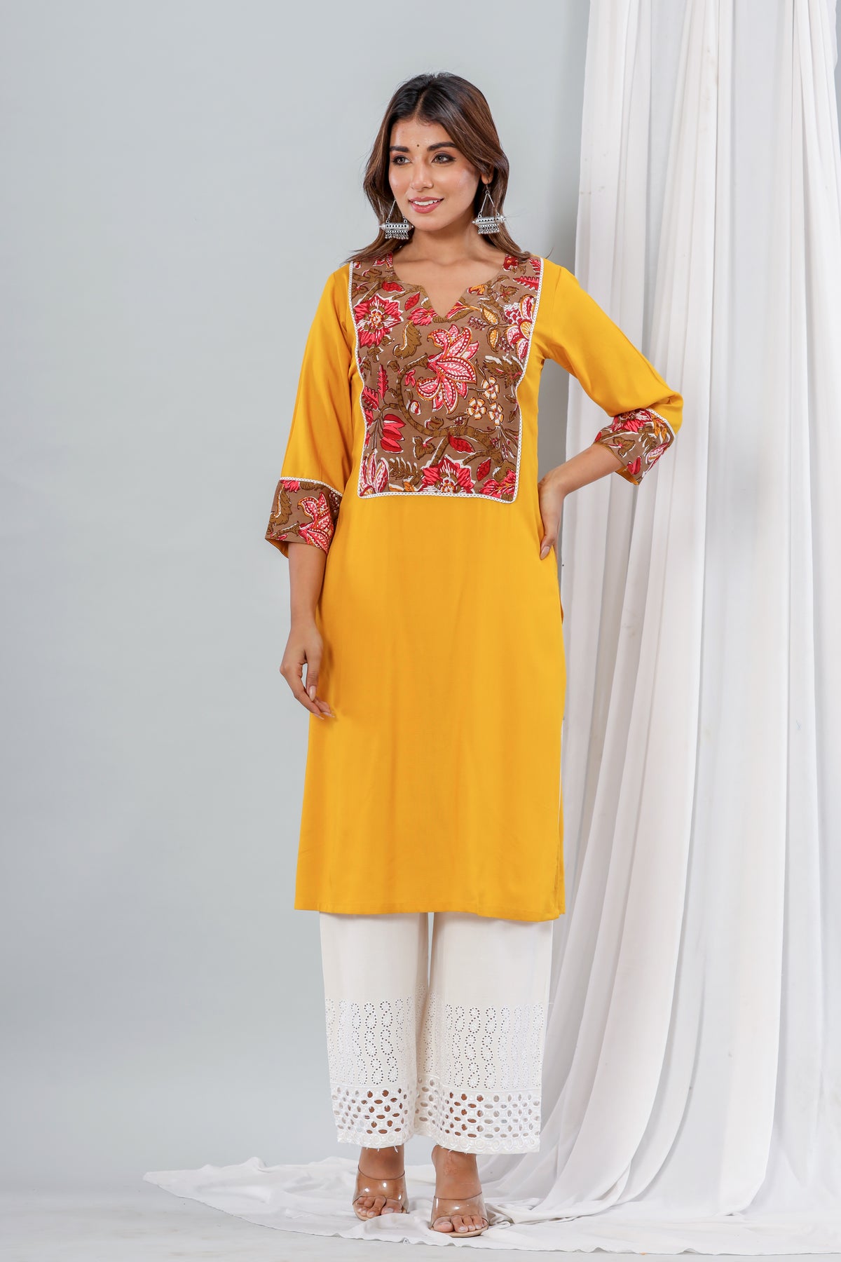 Mustard Rayon Kurta With Floral Yoke Set Of Two
