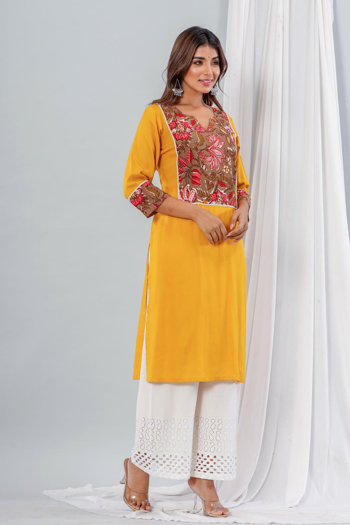 Mustard Rayon Kurta With Floral Yoke Set Of Two