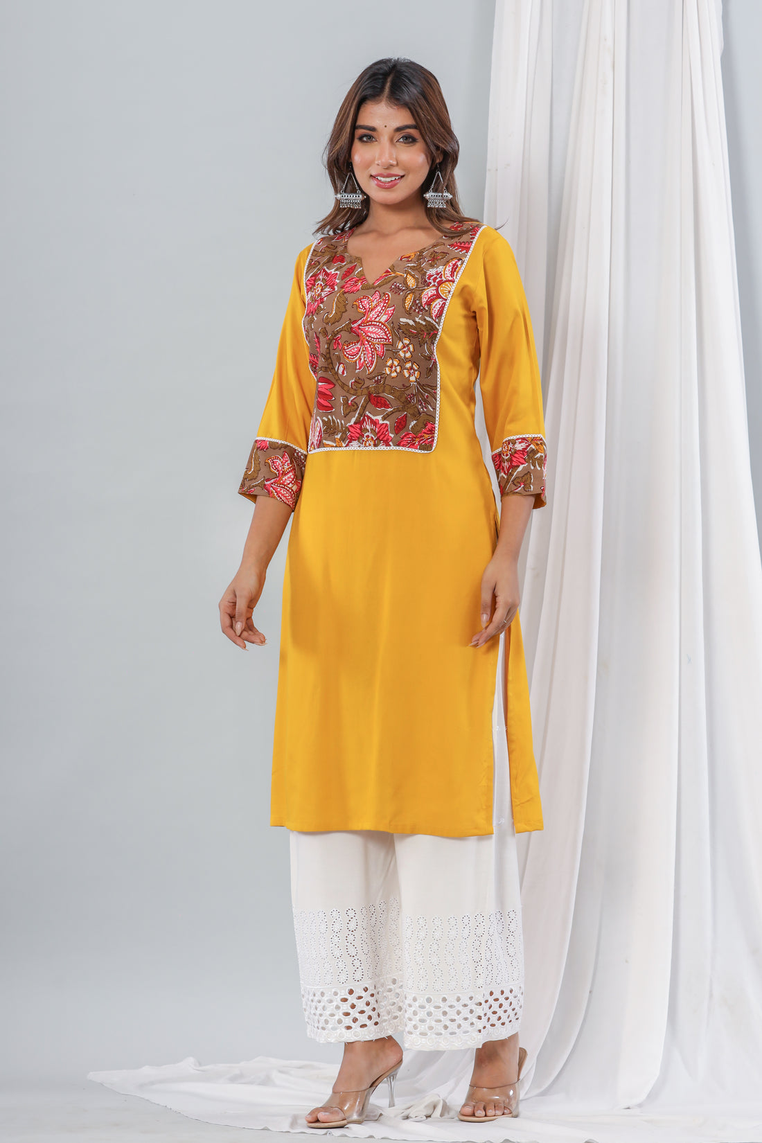 Mustard Rayon Kurta With Floral Yoke