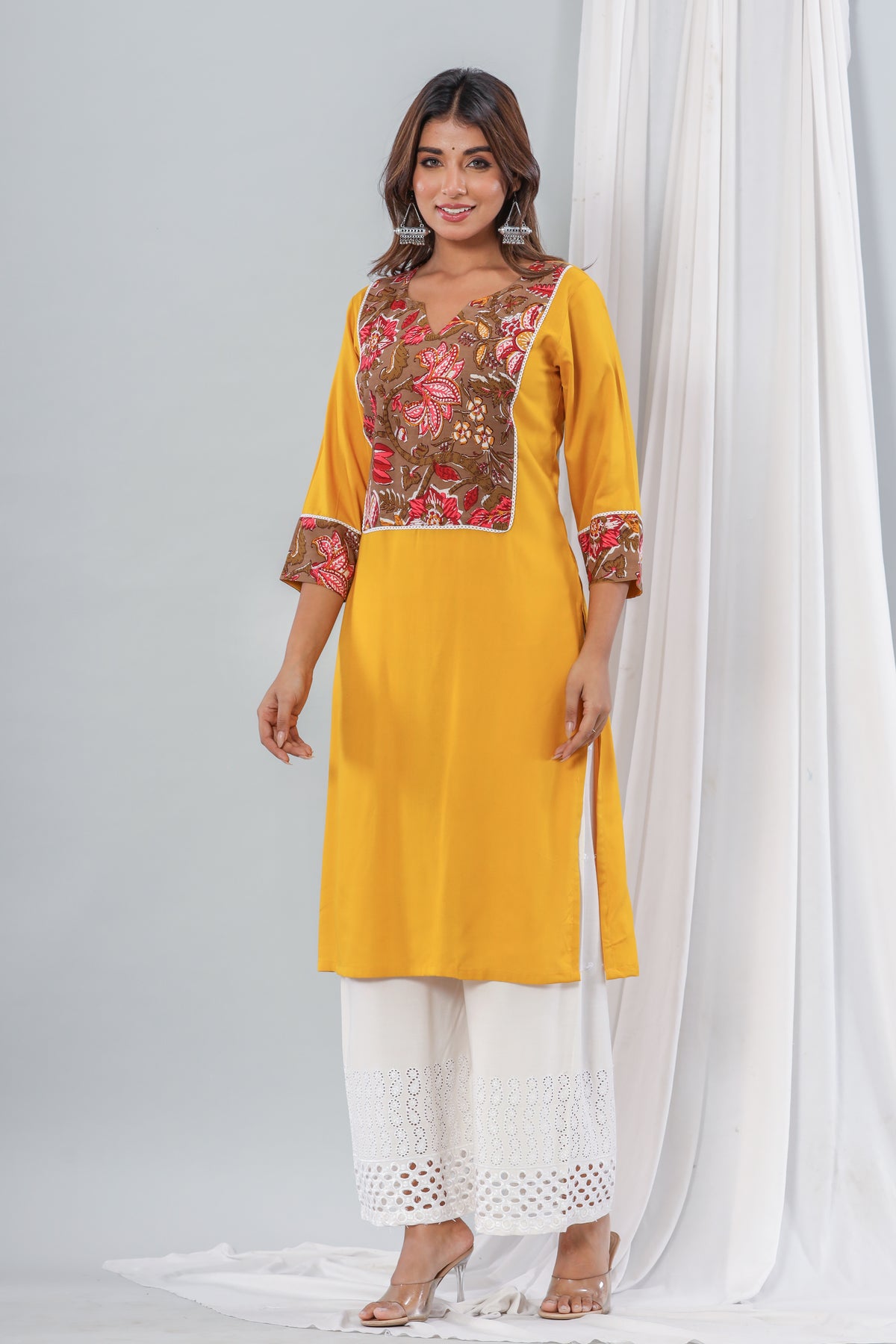 Mustard Rayon Kurta With Floral Yoke Set Of Two