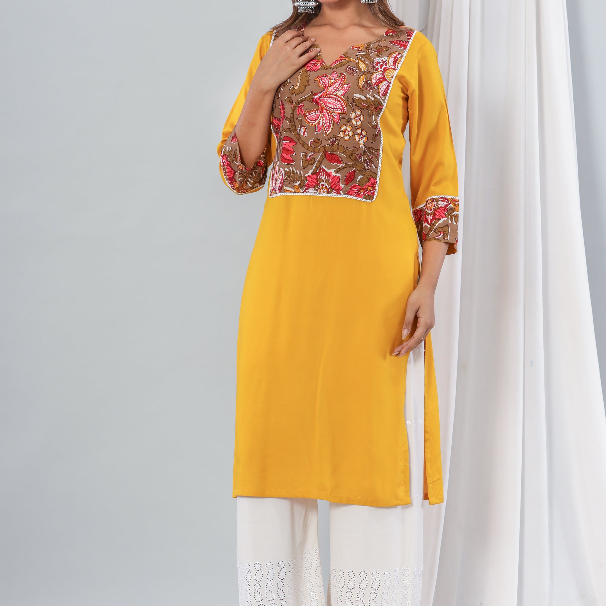 Mustard Rayon Kurta With Floral Yoke