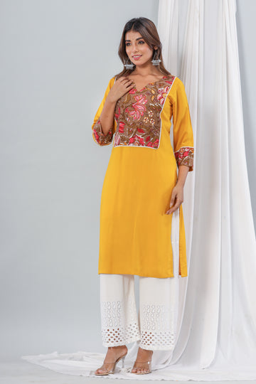 Mustard Rayon Kurta With Floral Yoke