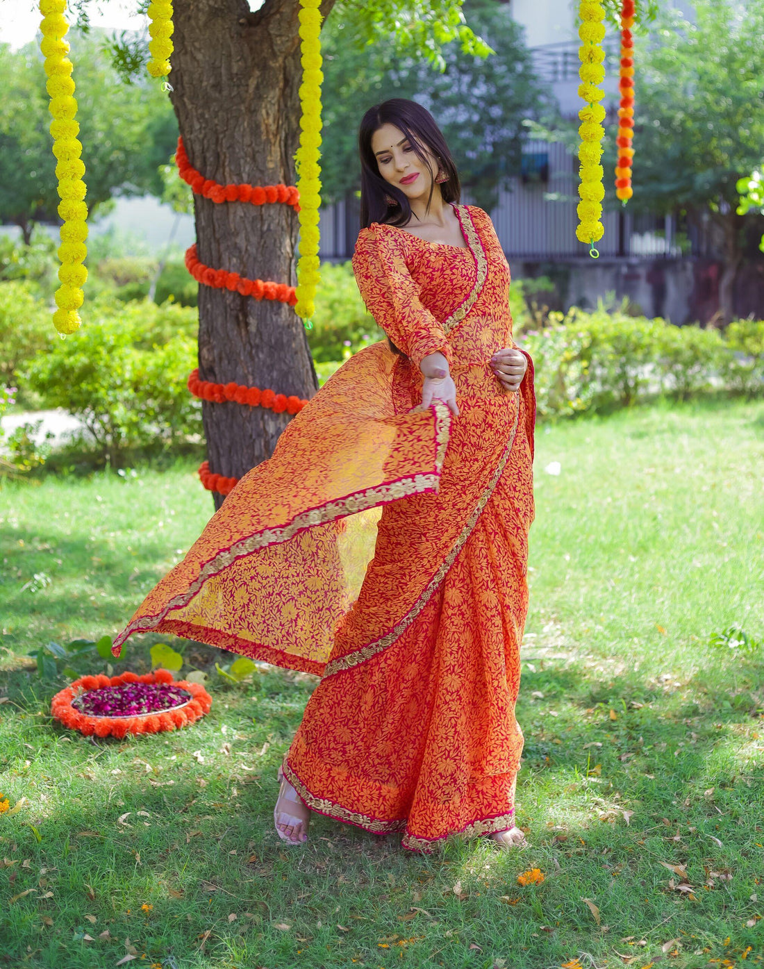 ORANGE PUFF SLEEVES SAREE