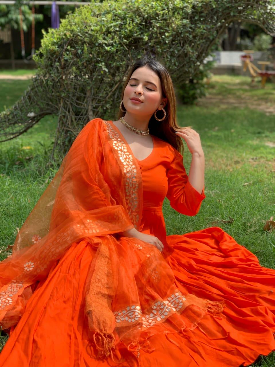 ORANGE RAYON ANARKALI WITH ORGANZA DUPATTA