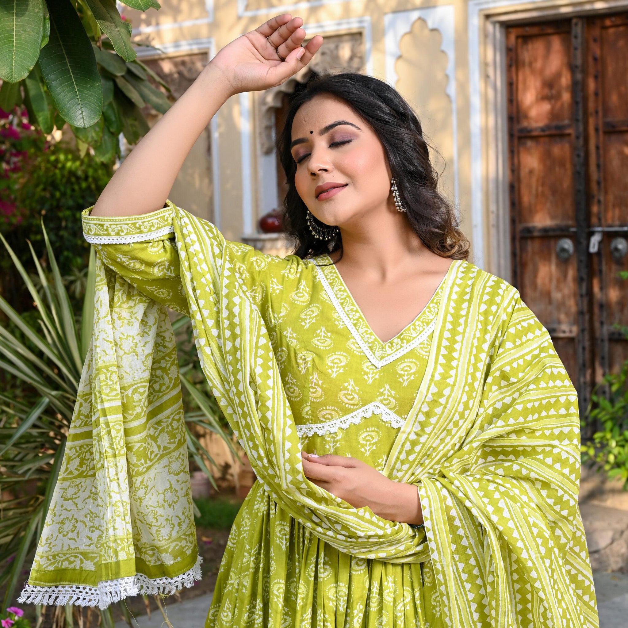 PARROT GREEN GATHERED PRINTED COTTON THREE PIECE SET