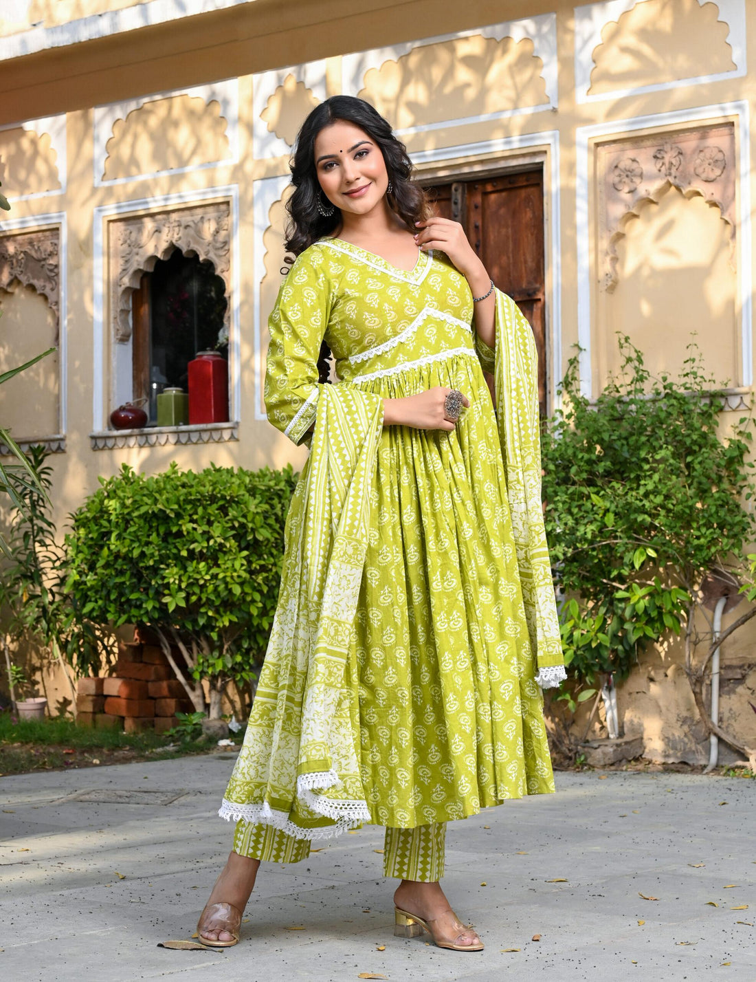 PARROT GREEN GATHERED PRINTED COTTON THREE PIECE SET