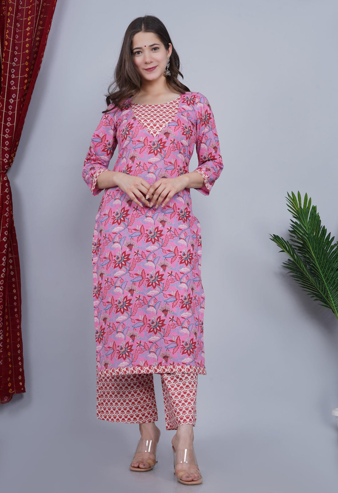 Pink Floral Print Cotton Set Of Two