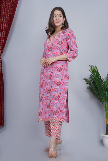 Pink Floral Print Cotton Set Of Two