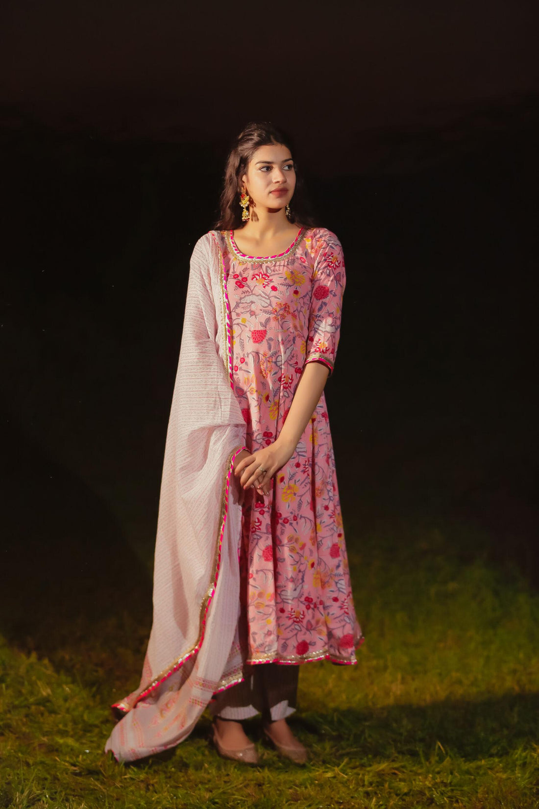 PINK GREY FLORAL PRINT ANARKALI SET OF THREE