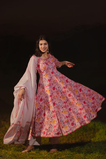 PINK GREY FLORAL PRINT ANARKALI SET OF THREE