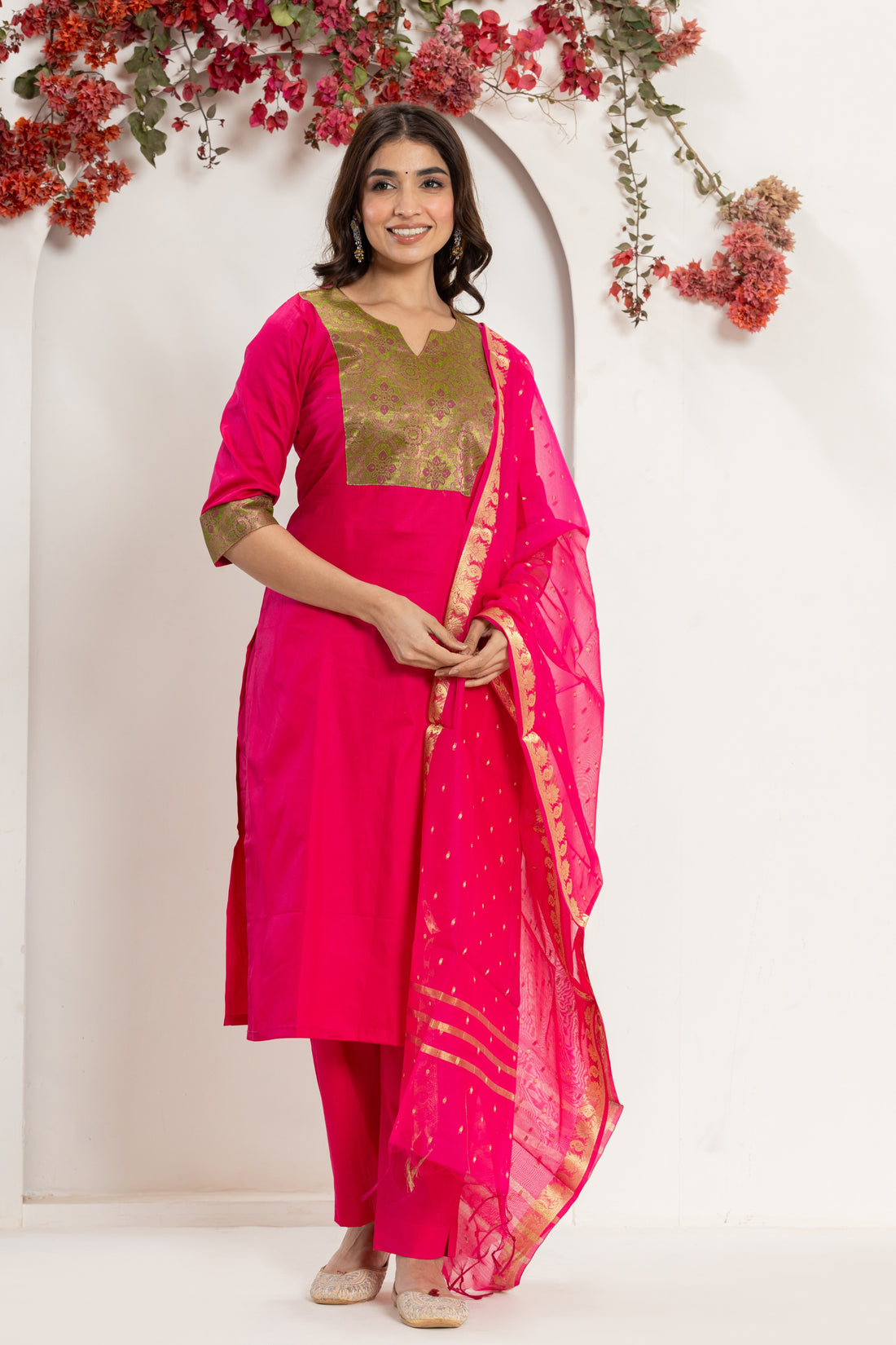 Pink Brocade Yoke Kurta Set