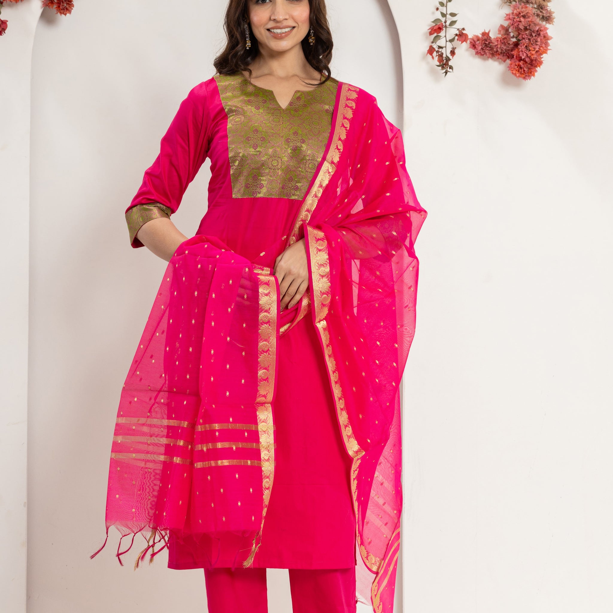 Pink Brocade Yoke Kurta Set