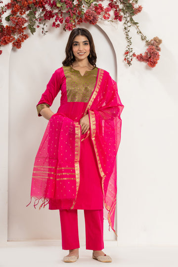 Pink Brocade Yoke Kurta Set