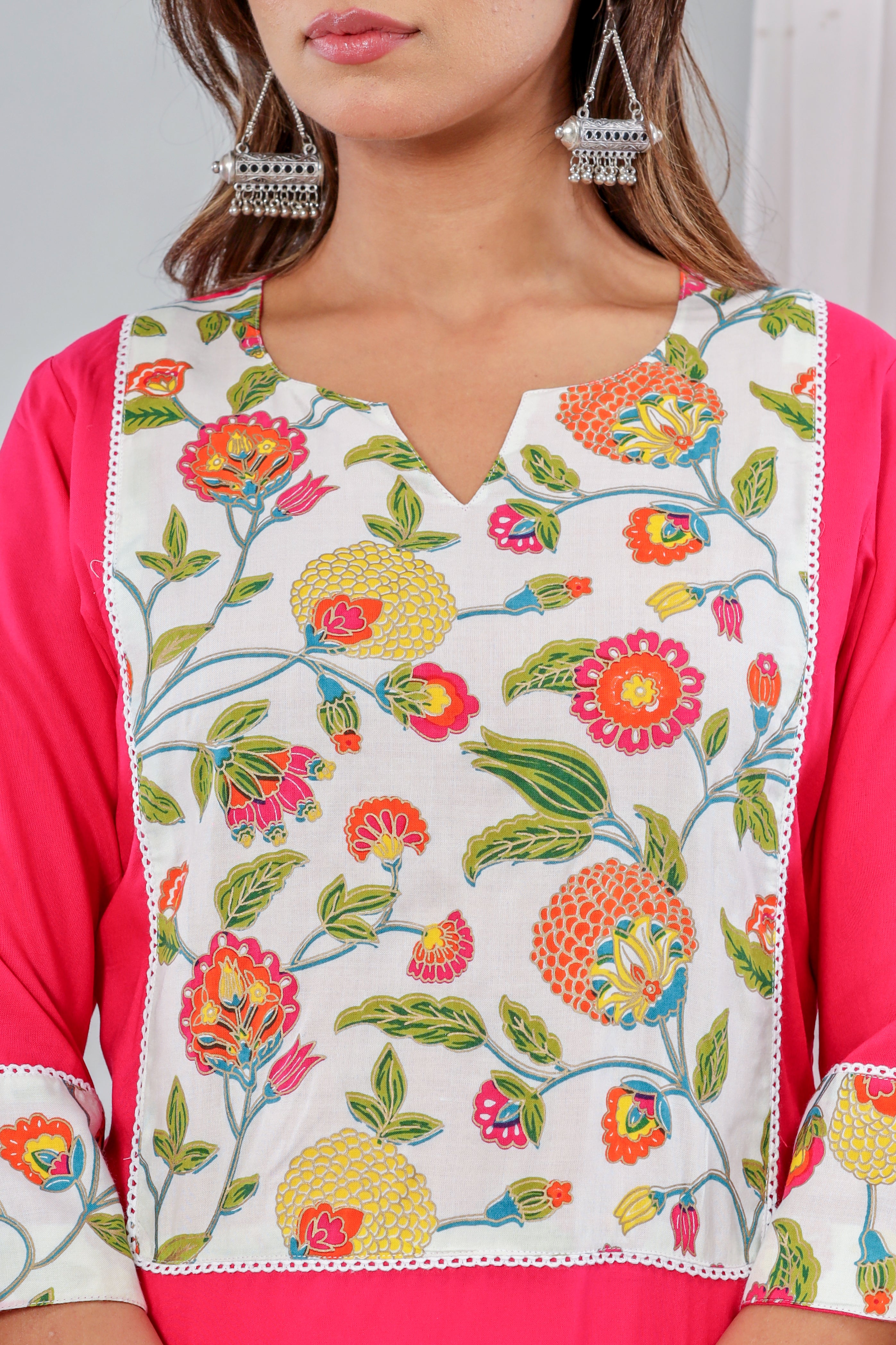 Pink Rayon Kurta With Floral Yoke Set Of Two