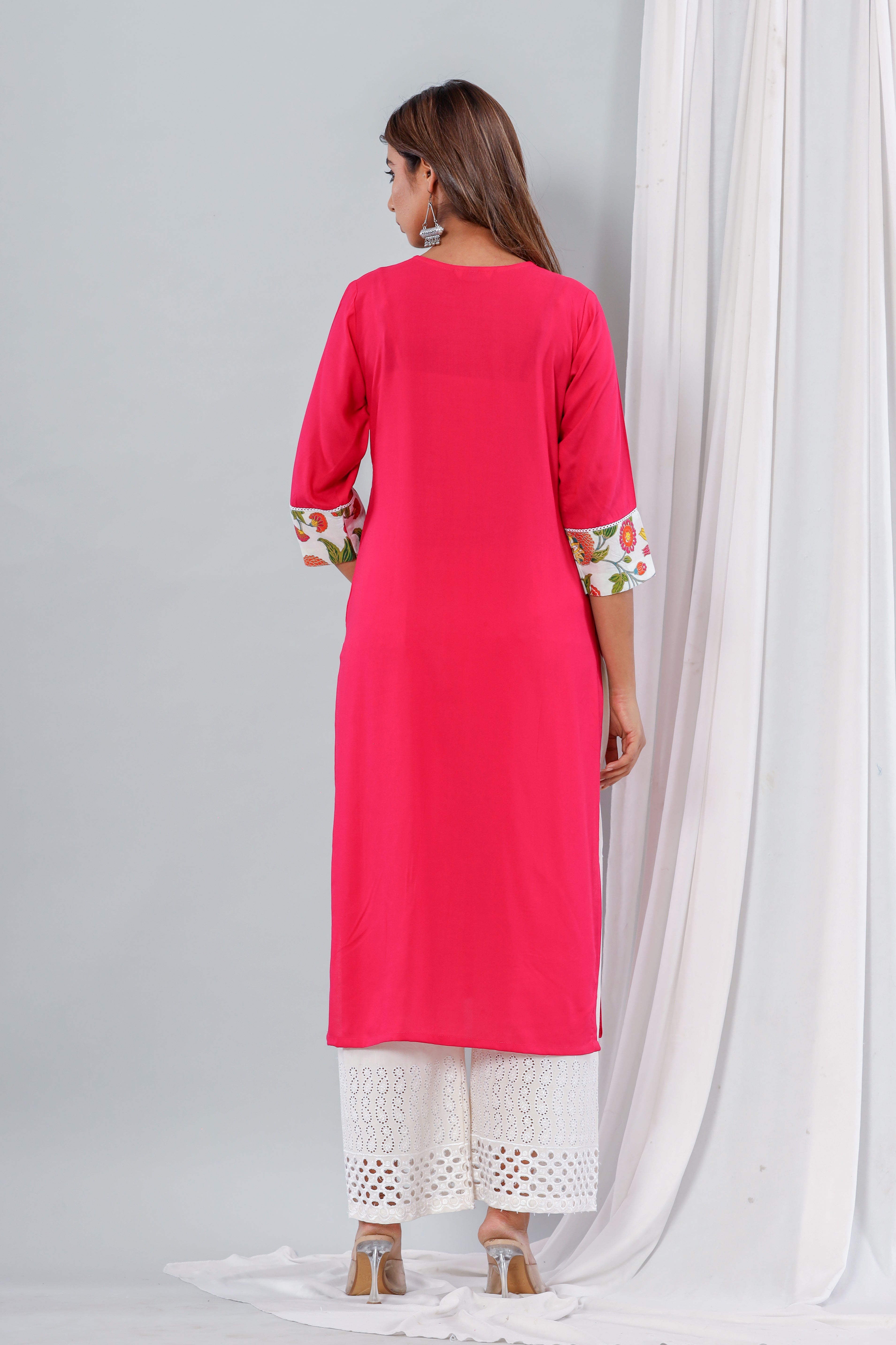 Pink Rayon Kurta With Floral Yoke Set Of Two