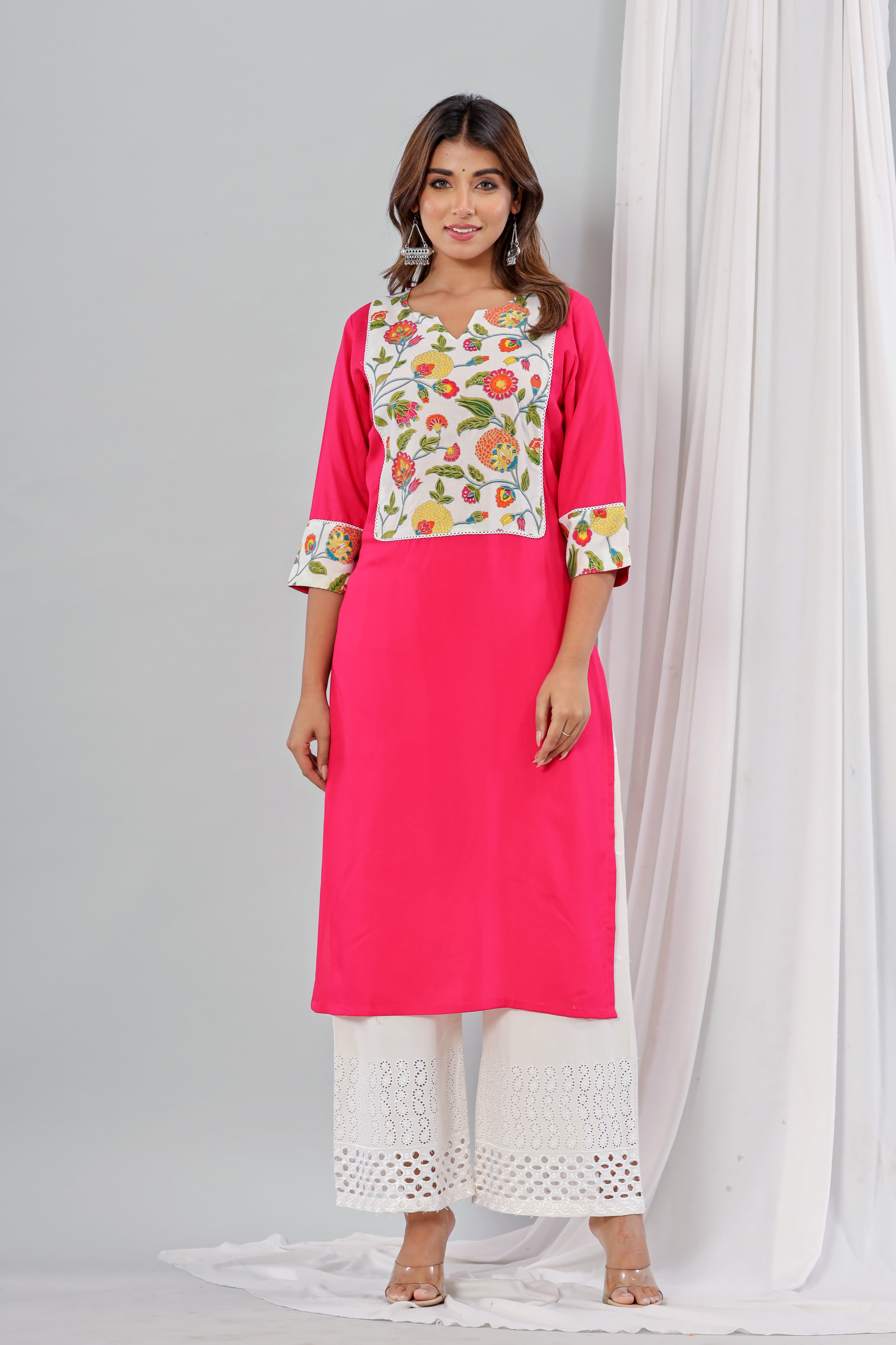 Pink Rayon Kurta With Floral Yoke Set Of Two