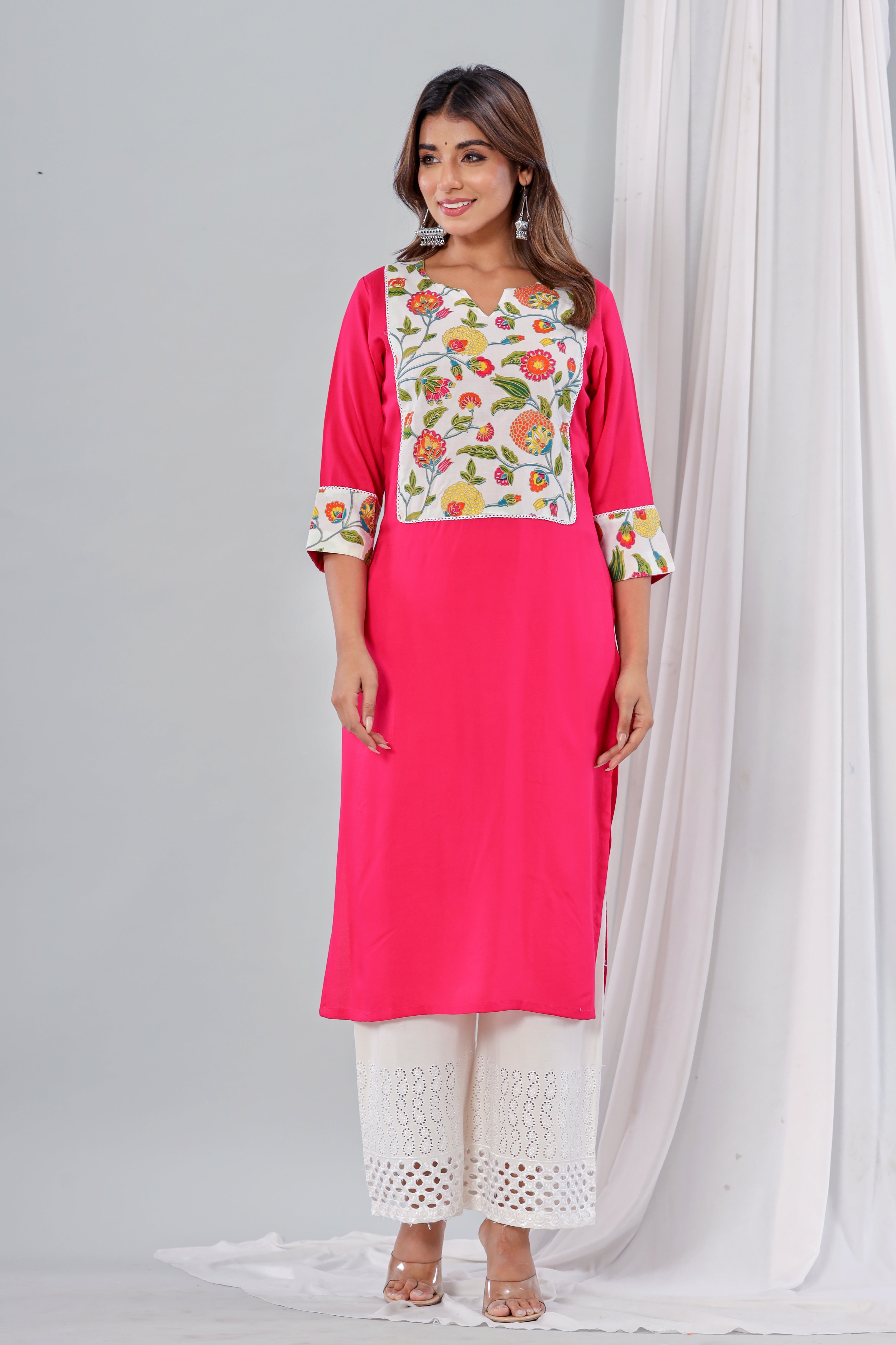 Pink Rayon Kurta With Floral Yoke Set Of Two