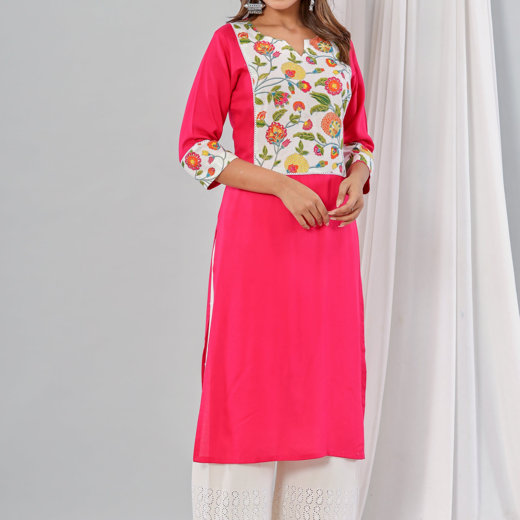 Pink Rayon Kurta With Floral Yoke