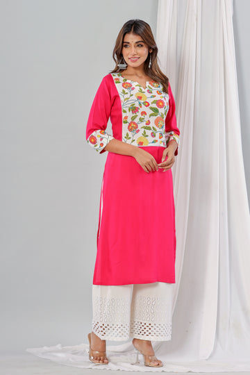 Pink Rayon Kurta With Floral Yoke