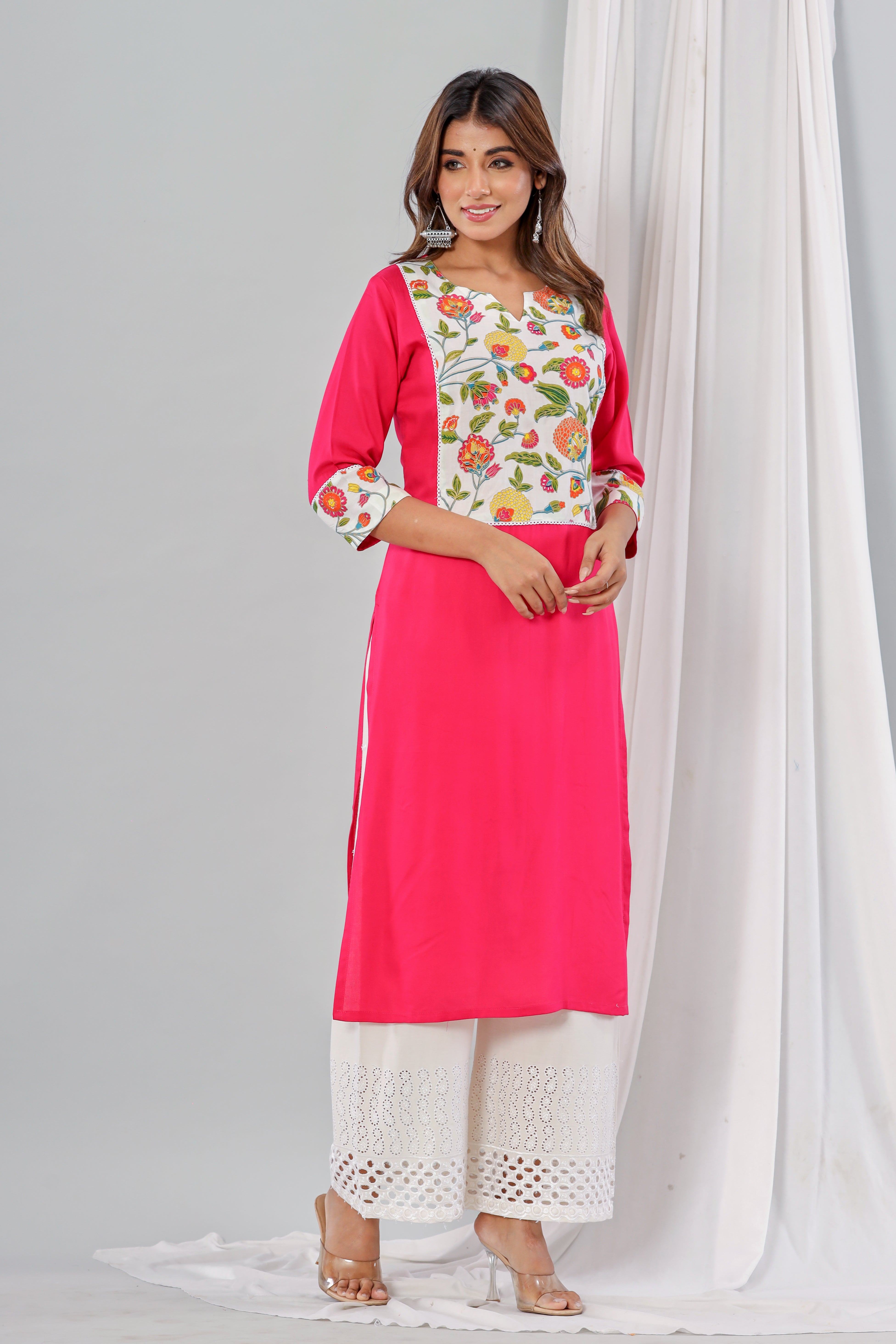 Pink Rayon Kurta With Floral Yoke Set Of Two