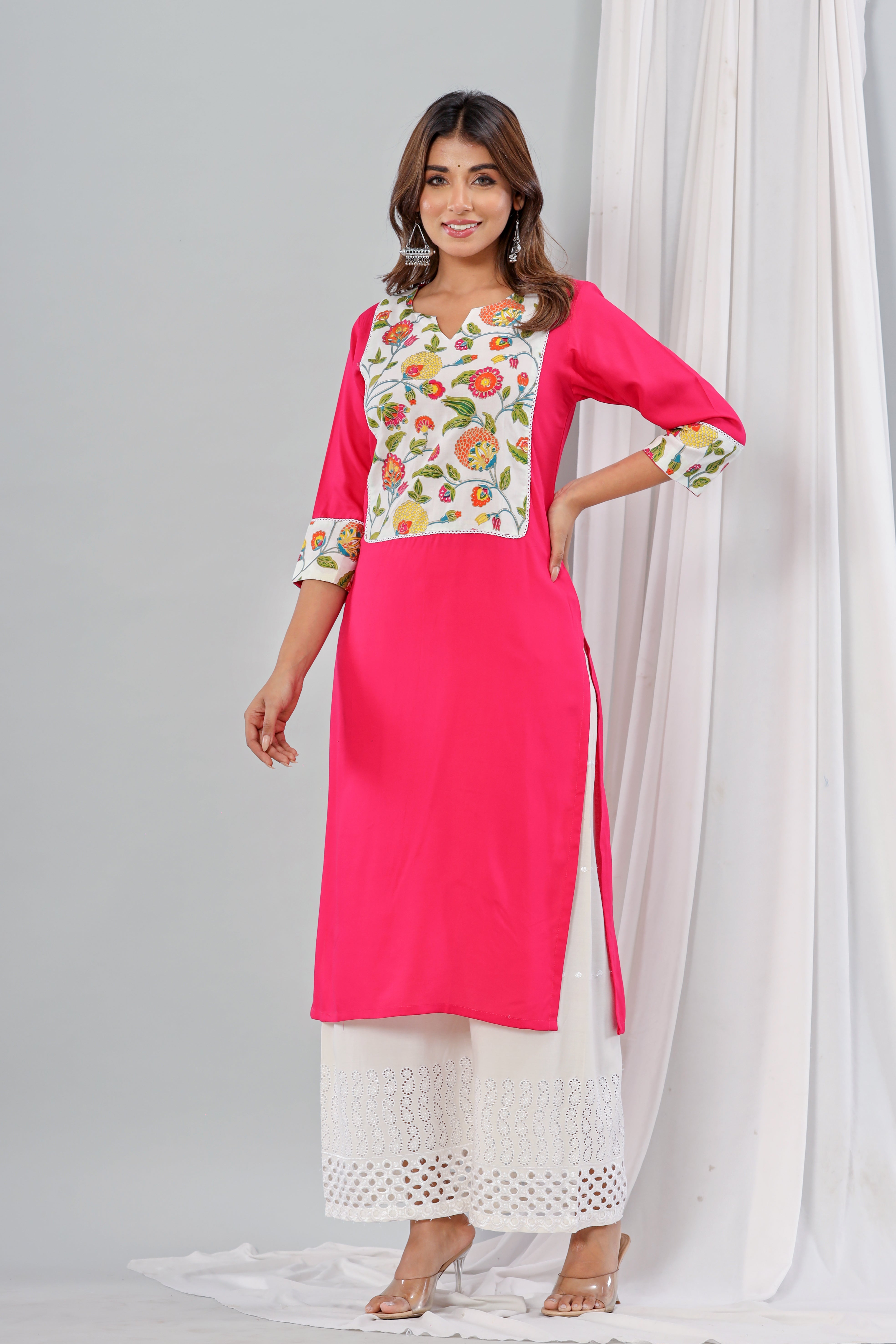 Pink Rayon Kurta With Floral Yoke Set Of Two