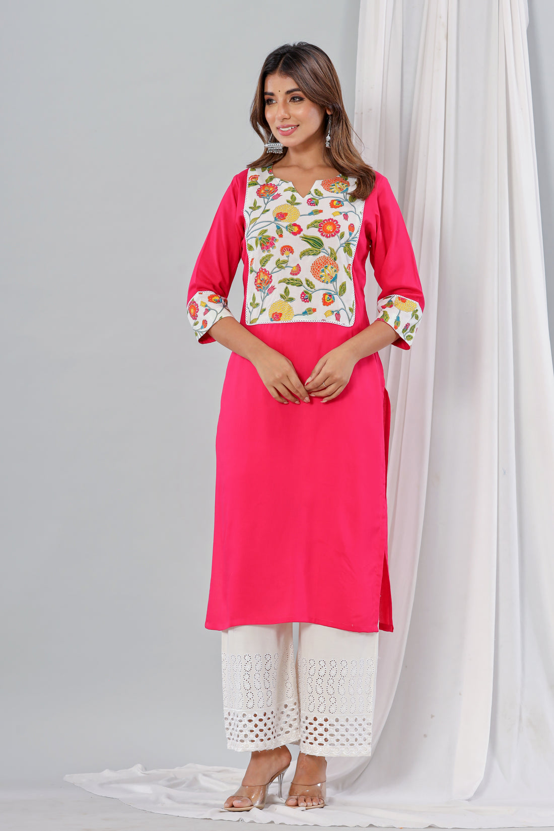 Pink Rayon Kurta With Floral Yoke