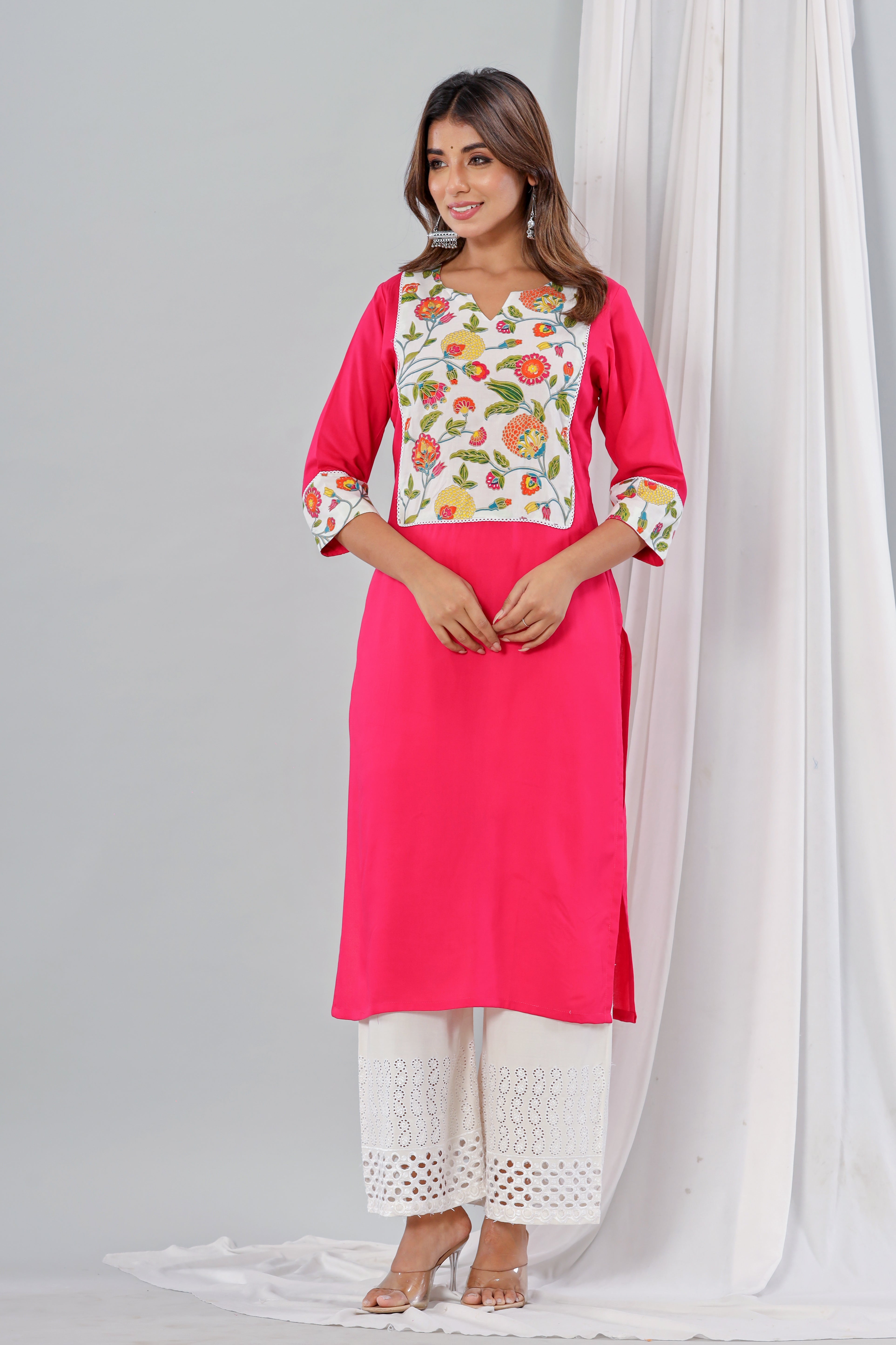Pink Rayon Kurta With Floral Yoke Set Of Two