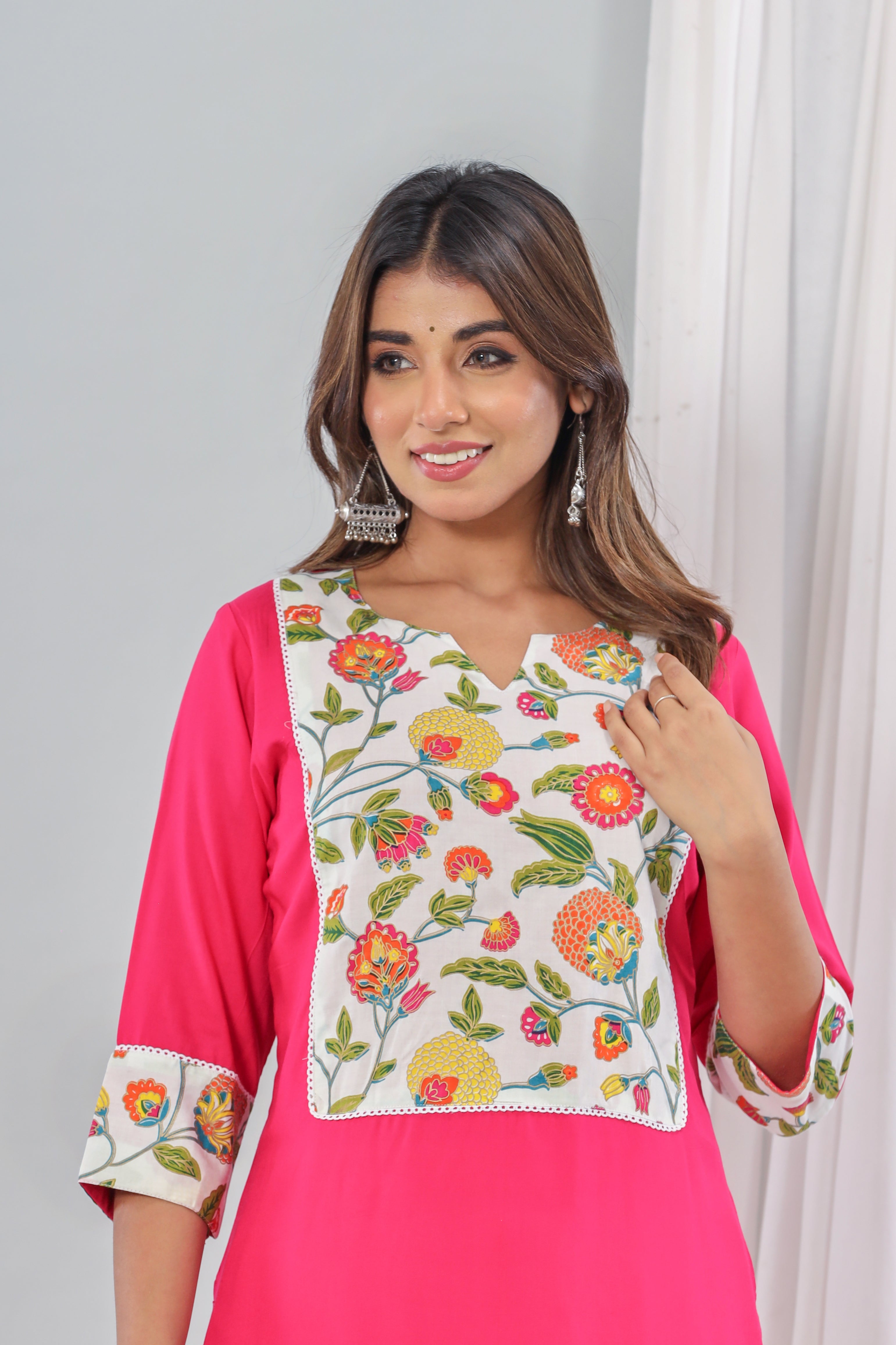 Pink Rayon Kurta With Floral Yoke Set Of Two