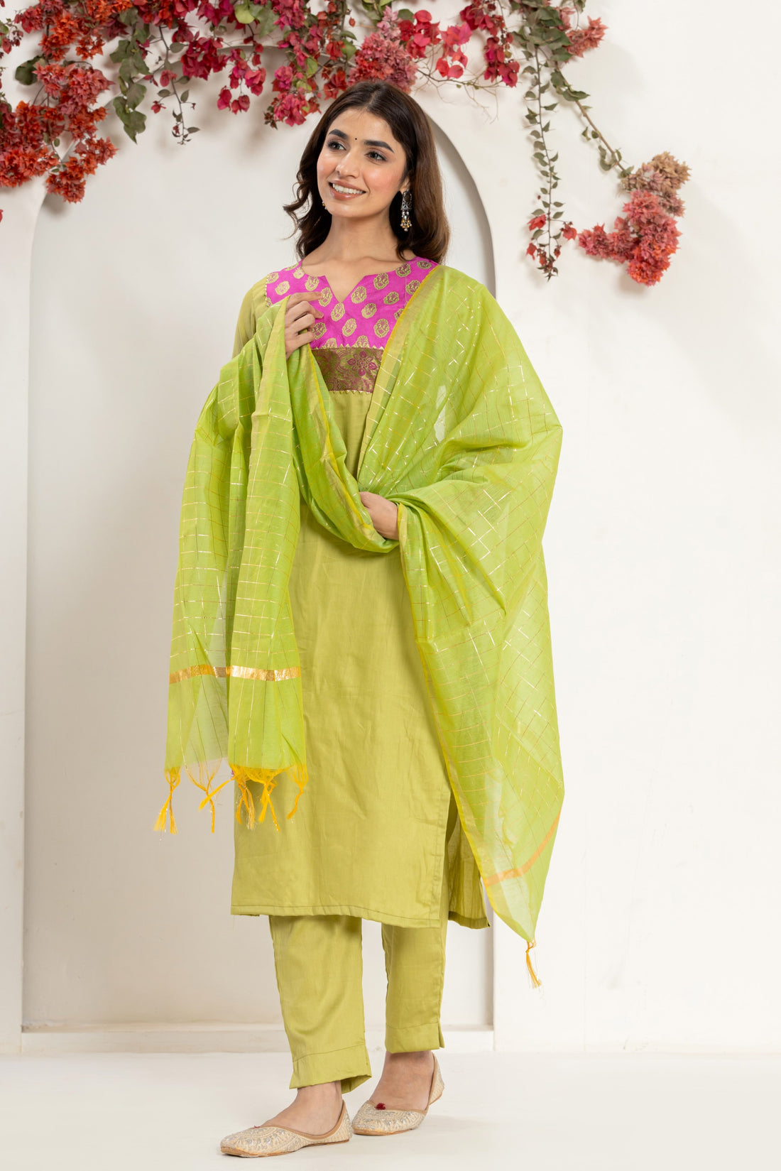 Pista Green Brocade Yoke Kurta Set