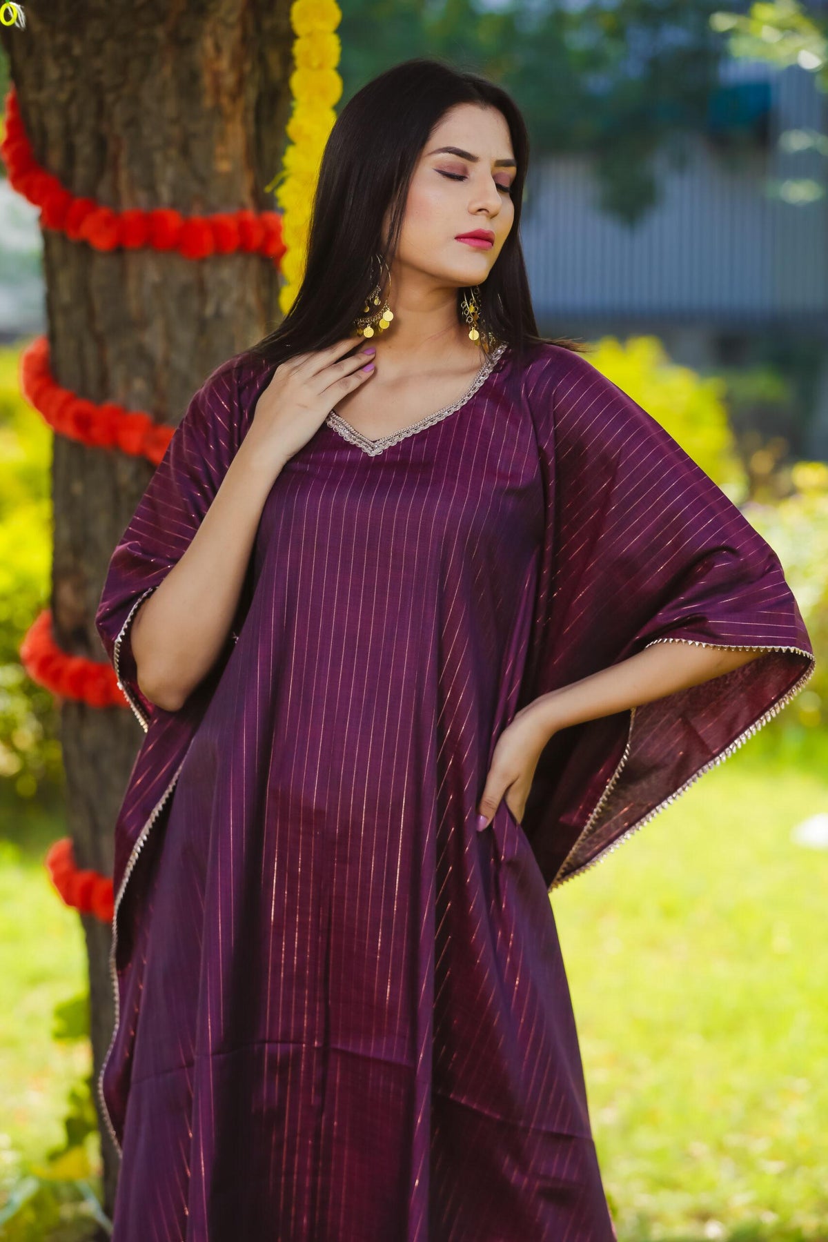 Plum Lurex Kaftan Set Of Two