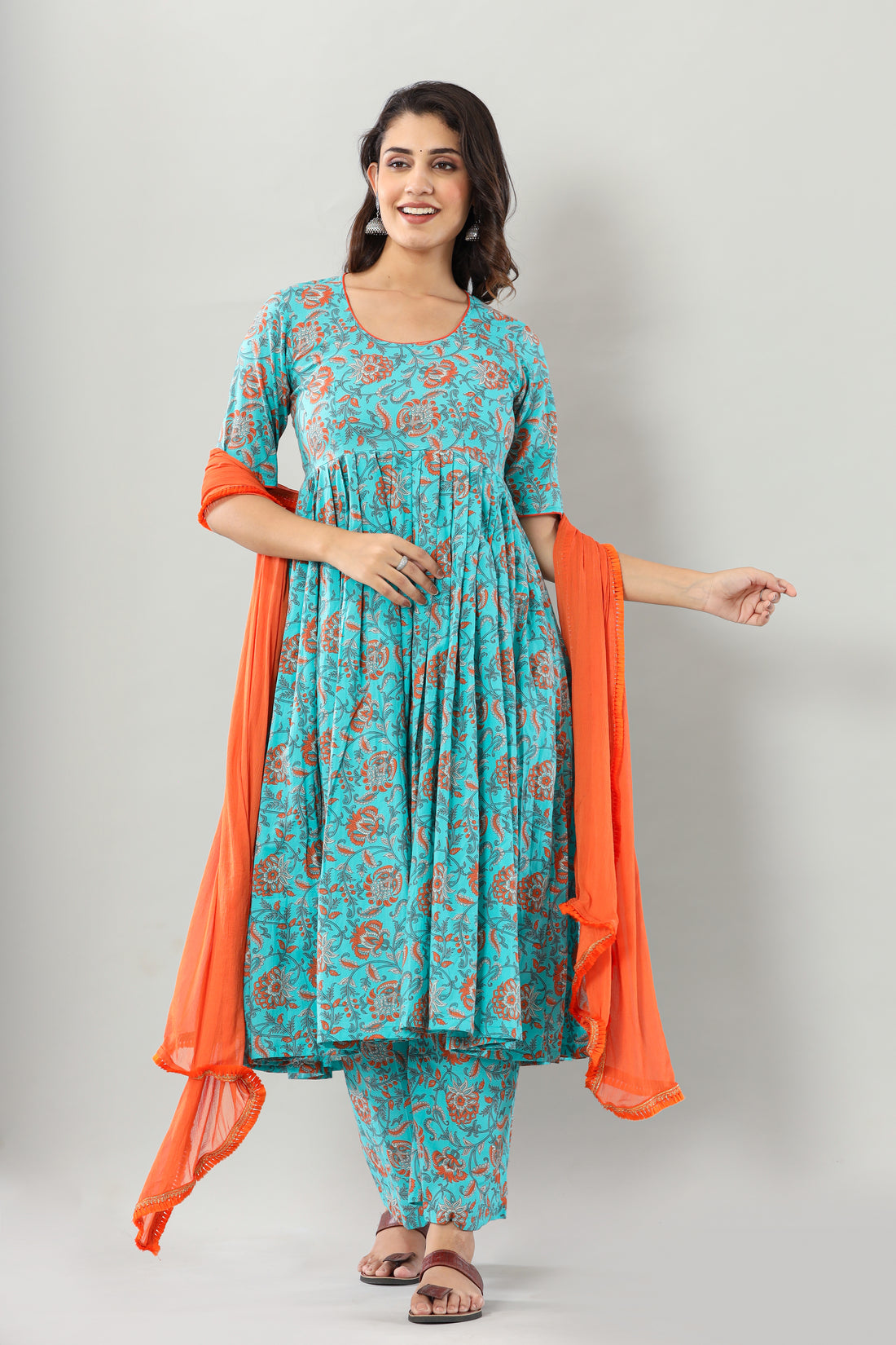 Rama Green Floral  Dahlia Anarkali Set Of Three