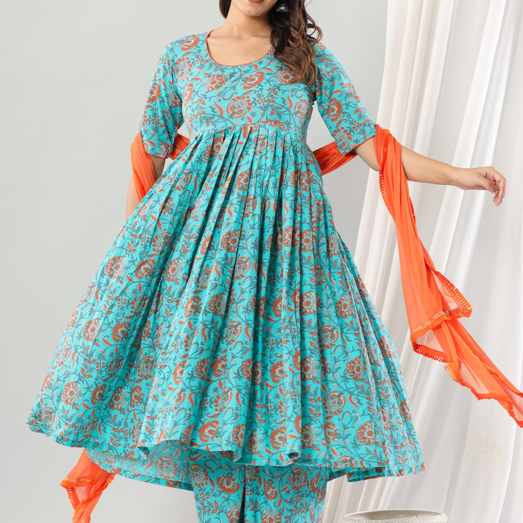 Rama Green Floral  Dahlia Anarkali Set Of Three