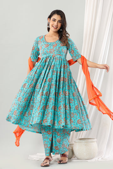 Rama Green Floral  Dahlia Anarkali Set Of Three