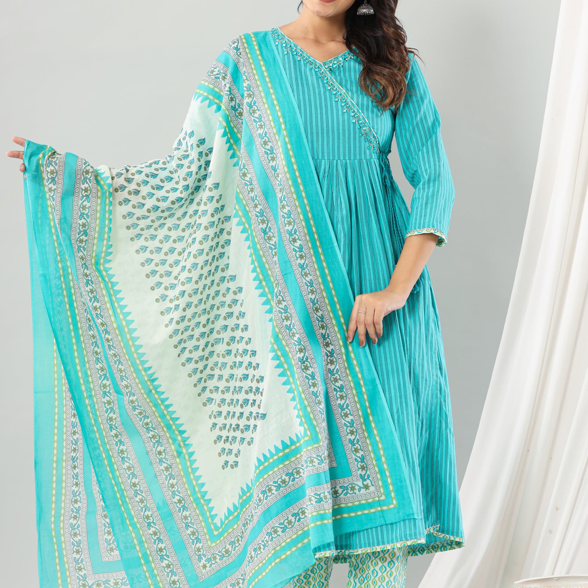 Rama Green Work Mirror Angrakha Set