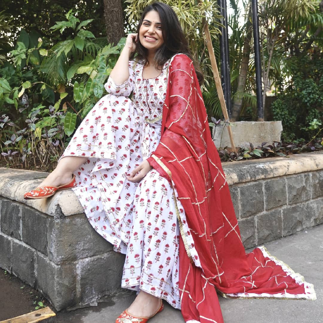 RED BLOCK PRINT COTTON SHARARA SET OF THREE