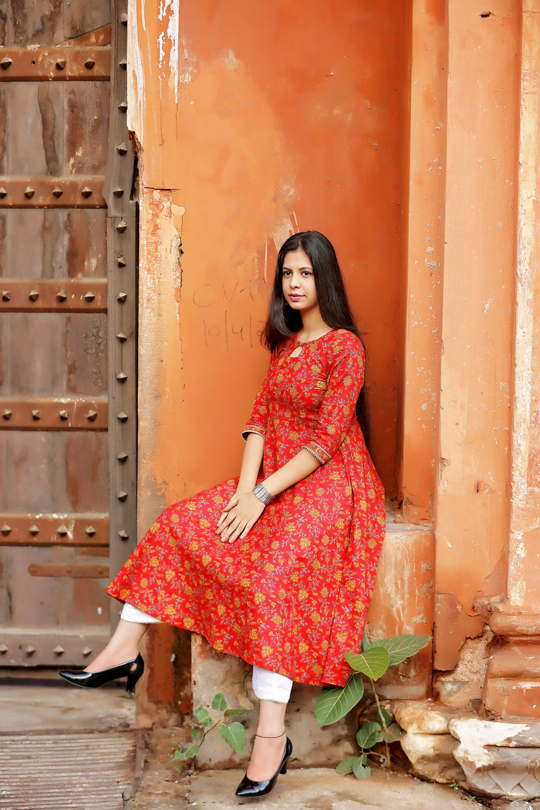 RED PRINTED ANARKALI KURTA