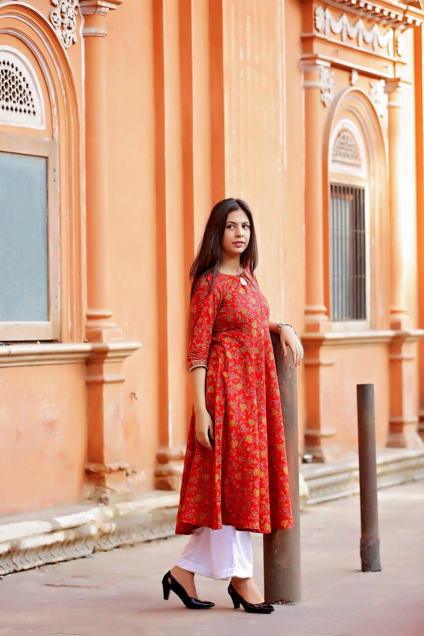 RED PRINTED ANARKALI KURTA