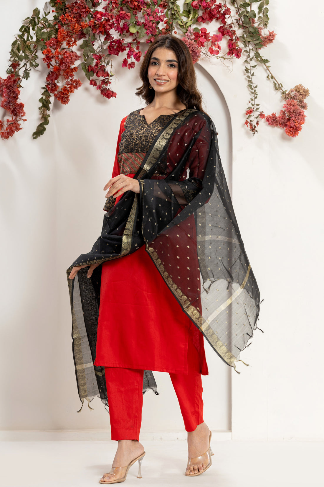 Red Brocade Yoke Kurta Set