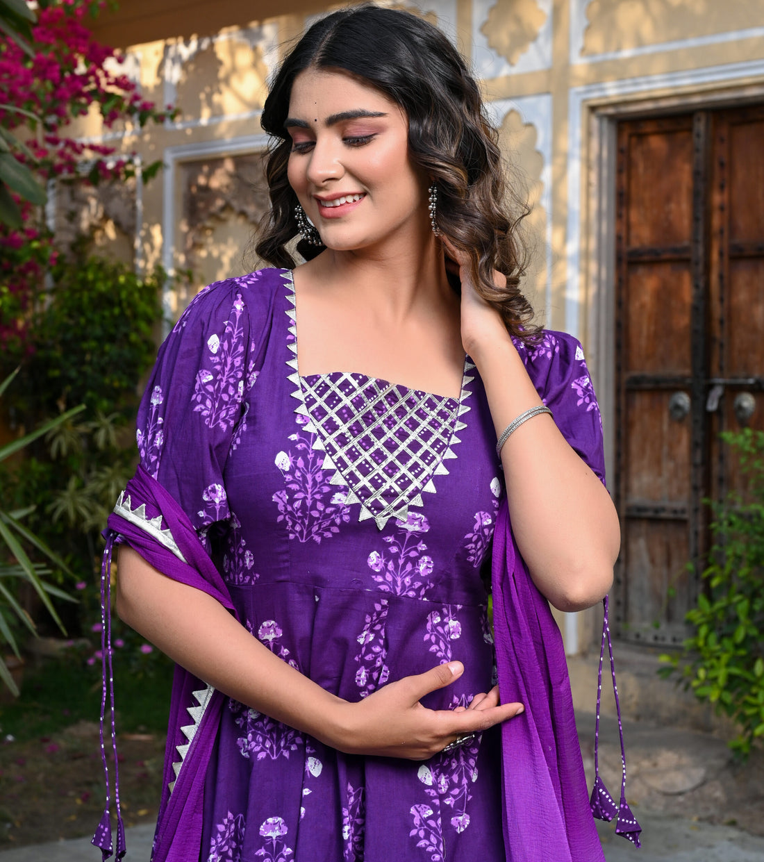 ROYALE PURPLE ANARKALI COTTON THREE PIECE SET