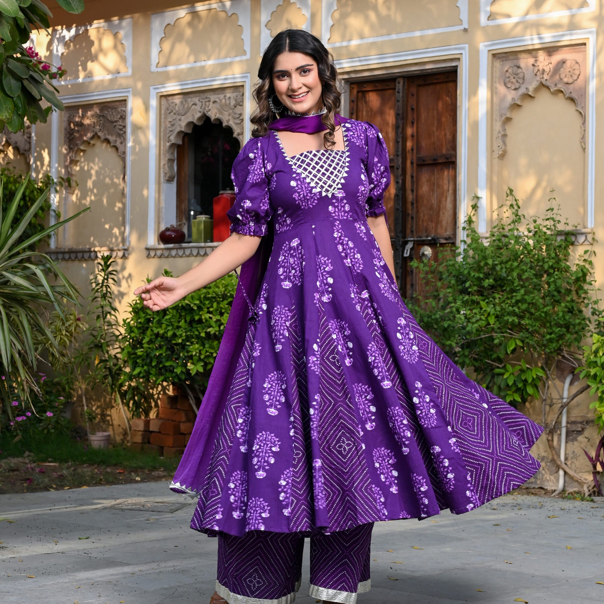 ROYALE PURPLE ANARKALI COTTON THREE PIECE SET