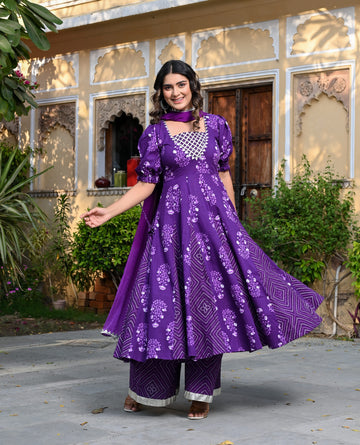 ROYALE PURPLE ANARKALI COTTON THREE PIECE SET