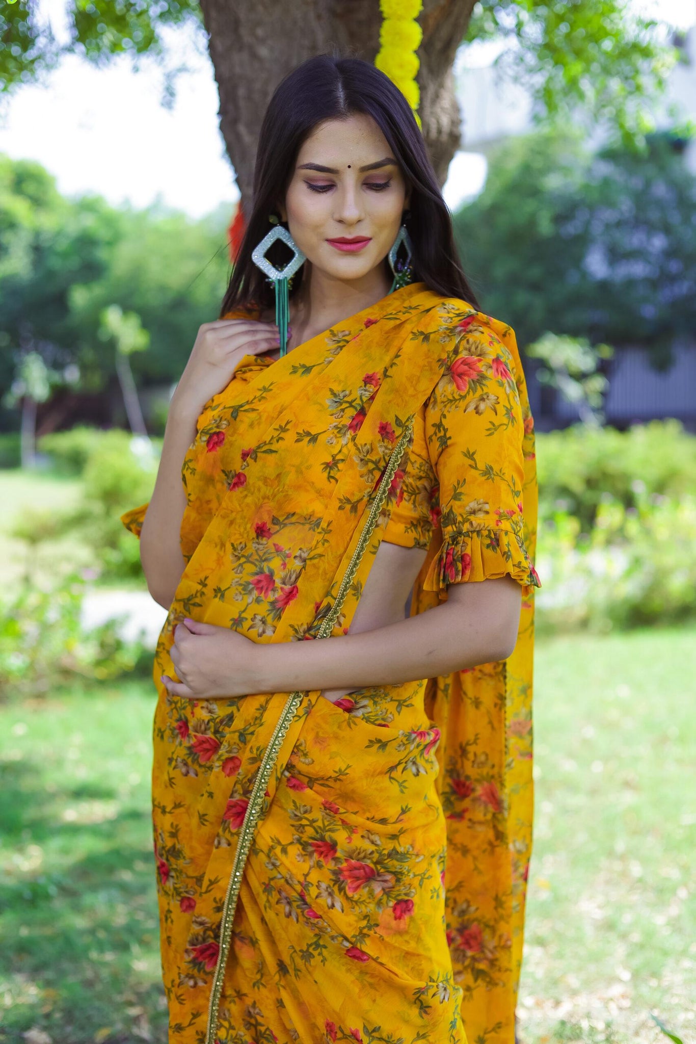 RUFFLE MUSTARD SAREE